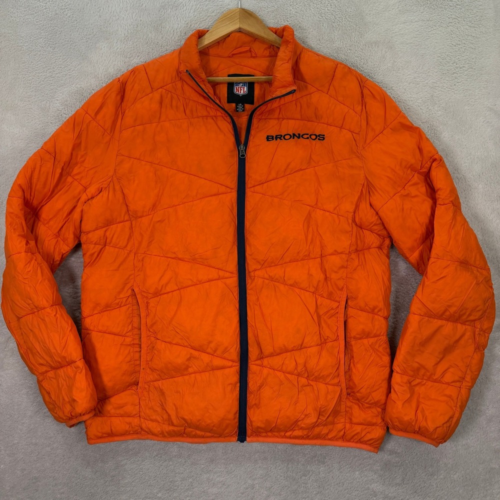 NFL Men Large Denver Broncos Puffer Jacket Orange Quilted Full Zip G-III Apparel